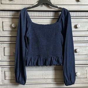 Arizona Jean Company Navy Smocked Long-Sleeve Crop Top with Ruffle Hem